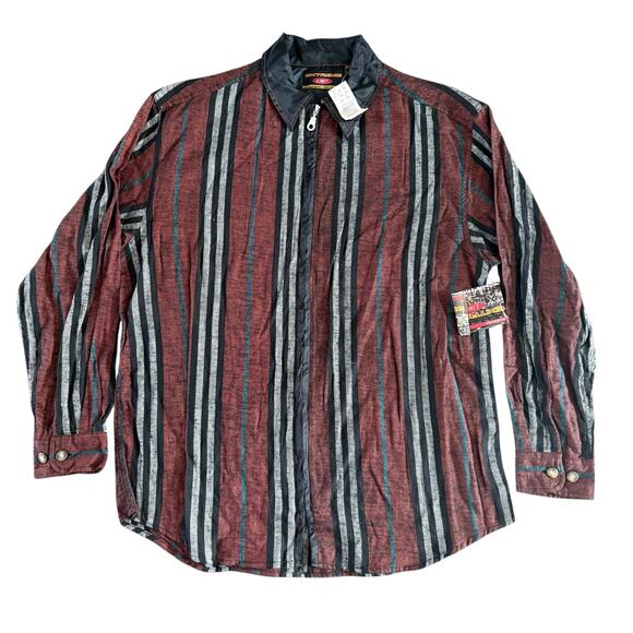 Extreme Limit Striped Zip Front Shirt Men’s Medium NWT Burgundy Gray Black Green - Picture 1 of 3